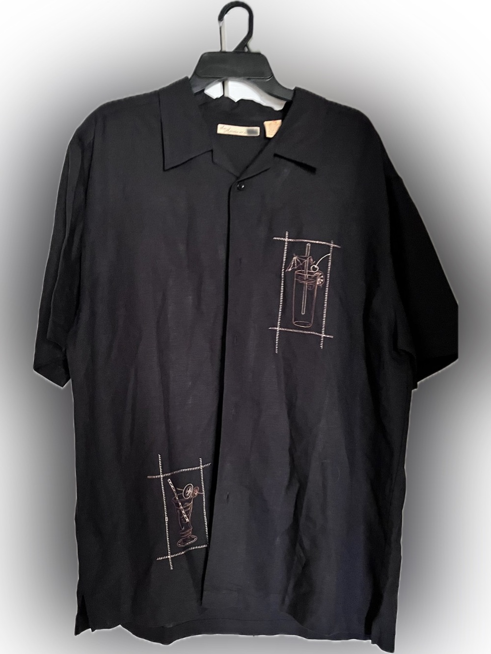 Men's Black Casual Button Down Shirt with Embroidered Drink Motifs